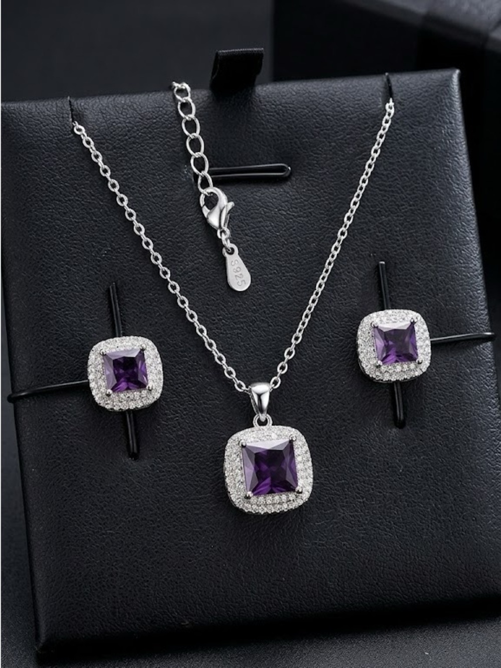 New Luxe S925 Sterling Silver Purple Cushion Halo Necklace & Earring Set - Picture 4 of 4